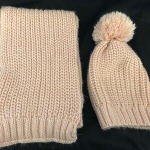 Pink Knit Pom Pom Beanie and Scarf Set